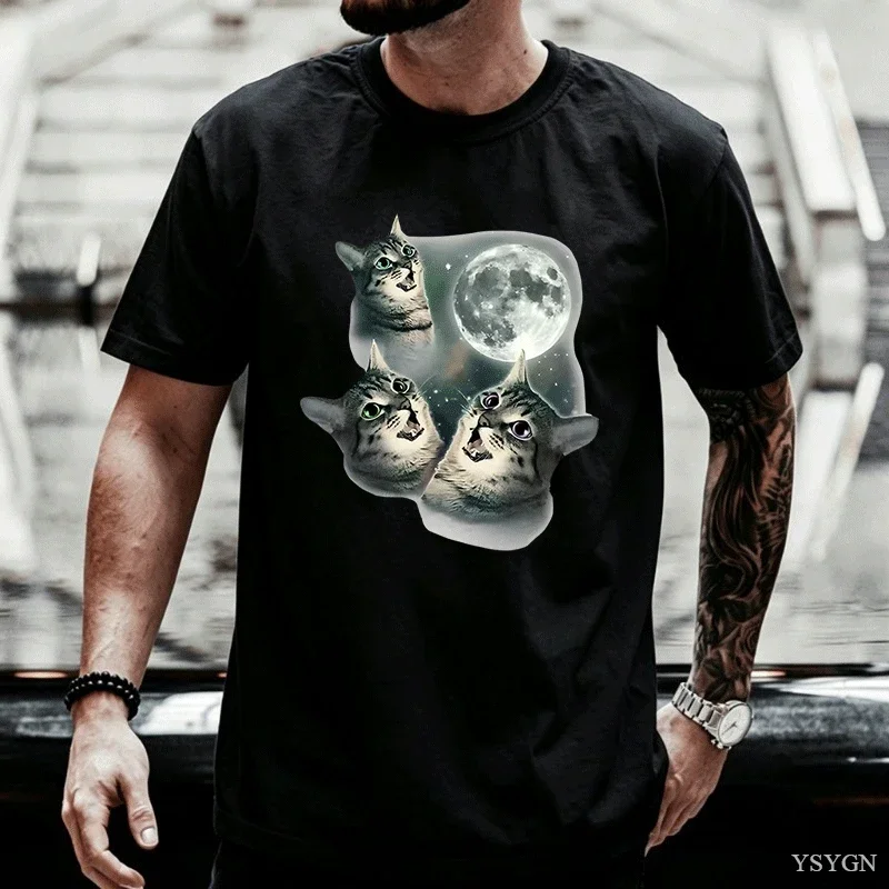 Three Cat Moon T Shirt Man Cotton Short Sleeve Funny Cat Parody T-shirt Wolf Moon Cat Cute Kitten Tshirt Male Clothes Tops