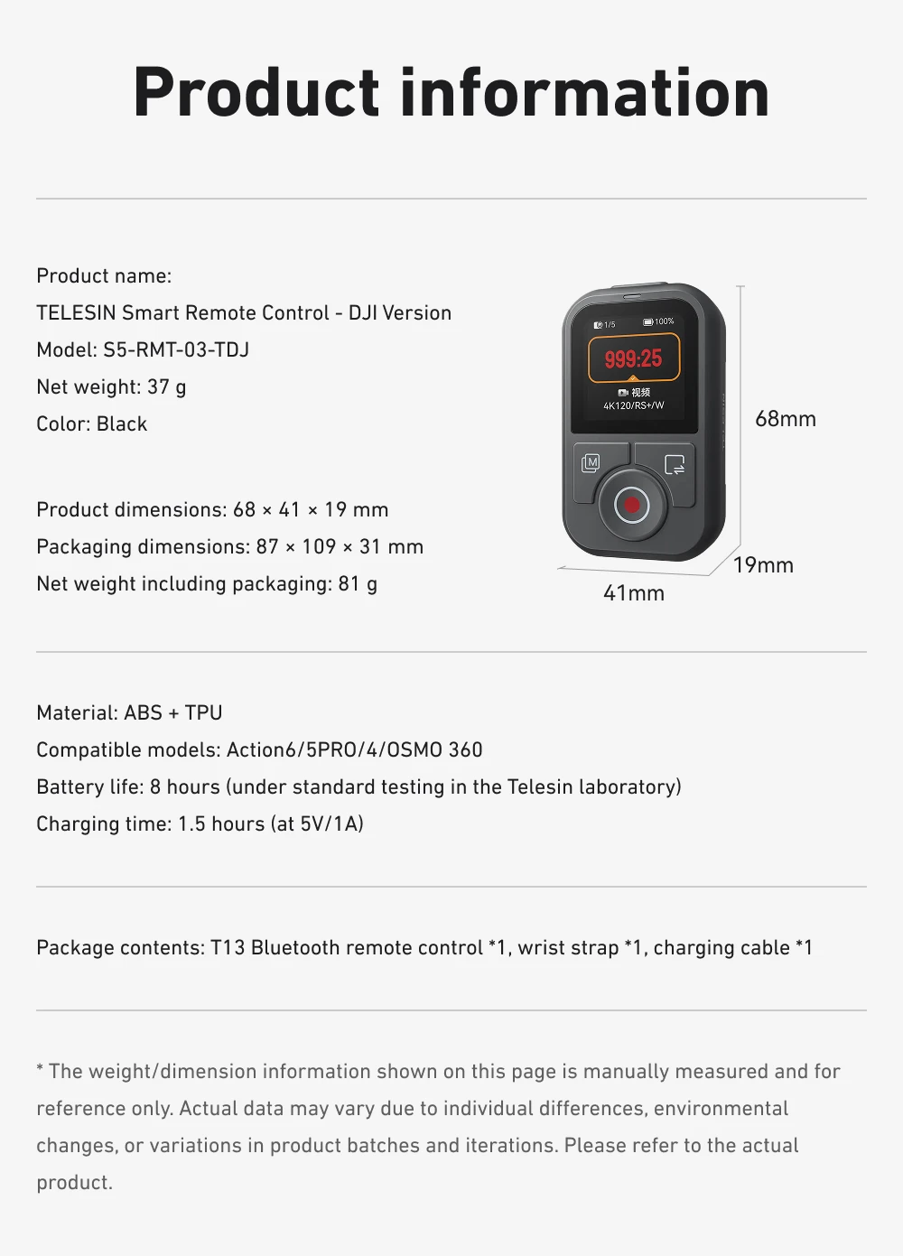 TELESIN 60M Bluetooth-Fernbedienung für DJI OSMO Action 6 5pro 4 OSMO 360 mit Handgelenkschlaufe und Bildschirmanzeige für DJI Action 4 5 6 – Detail 15
