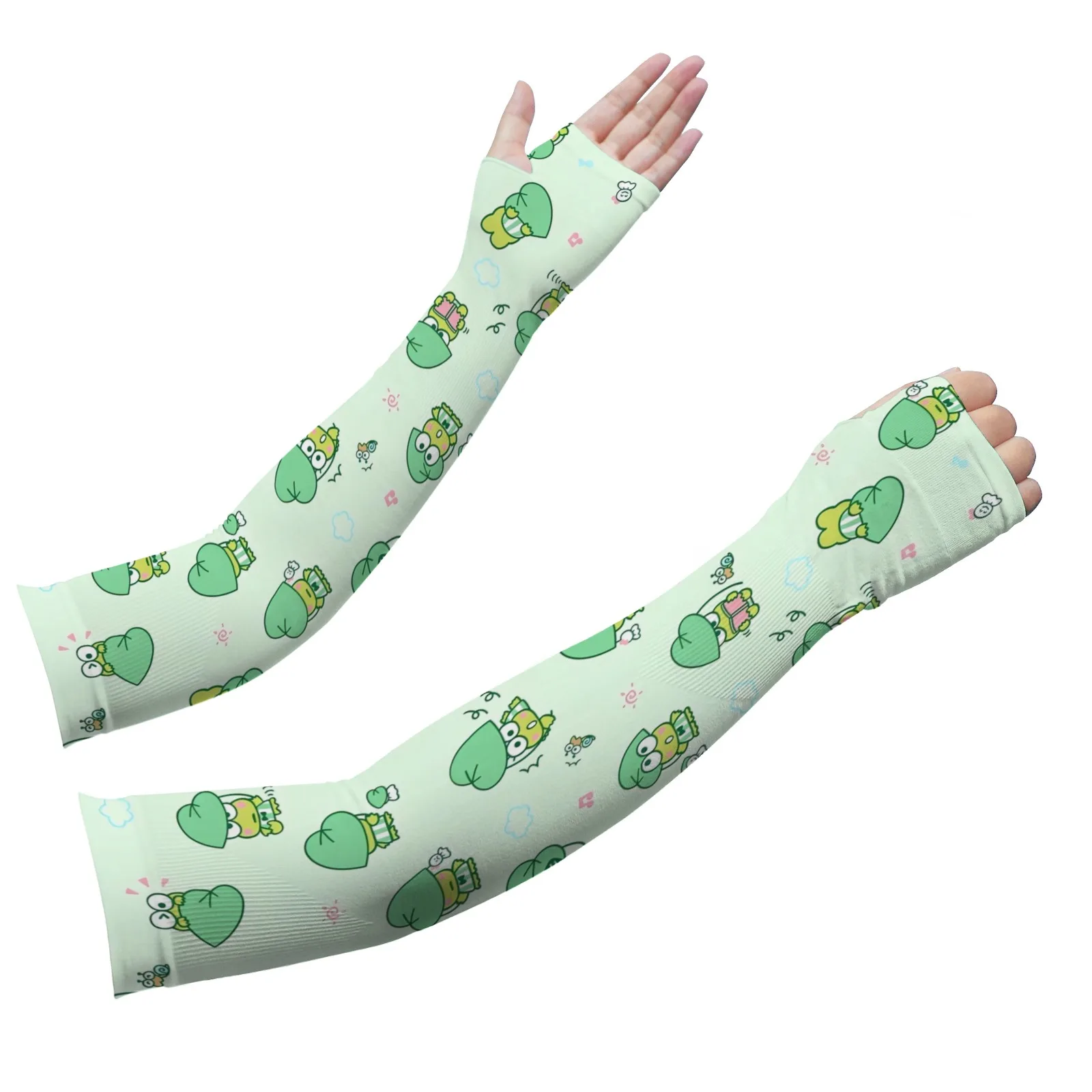 Keroppi Mangas de brazo con estampado de dibujos animados Kawaii: seda de hielo verde claro, protección UV transpirable para aventuras diarias y al aire libre acogedoras