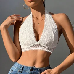 NEW Plus Size Sexy Floral Lace Backless Halter Bra Comfy & Breathable Deep V Seamless Plunge Bra Lace-up bra Women's Lingerie