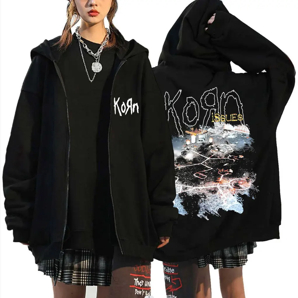 

Rock Band Korn Issues Print Zipper Hoodie Men Women Vintage Oversized Metal Music Zip Up Jacket Male Punk Zipper Sweatshirt Coat