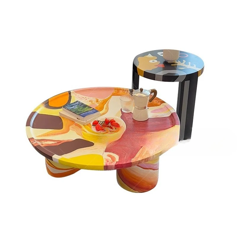 Table basse en bois massif, peinture à l'huile combinée de bord rond médiéval, table basse de villa graffiti