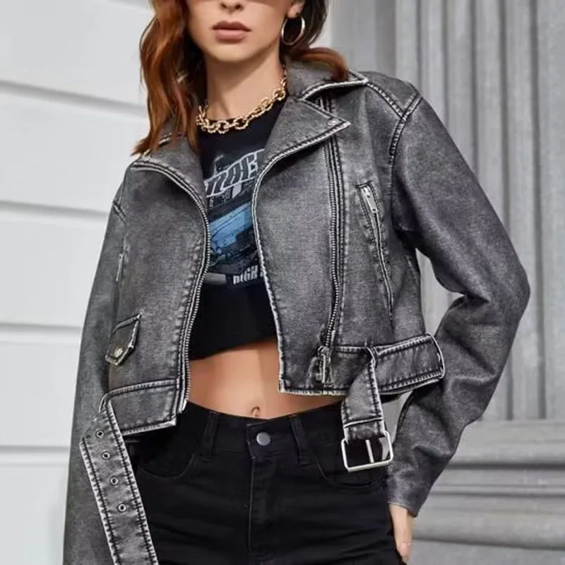 Vintage Women Loose Pu Faux Leather Short Jacket with Belt Streetwear Female Moto Biker Zipper Lapel Coat Outwear