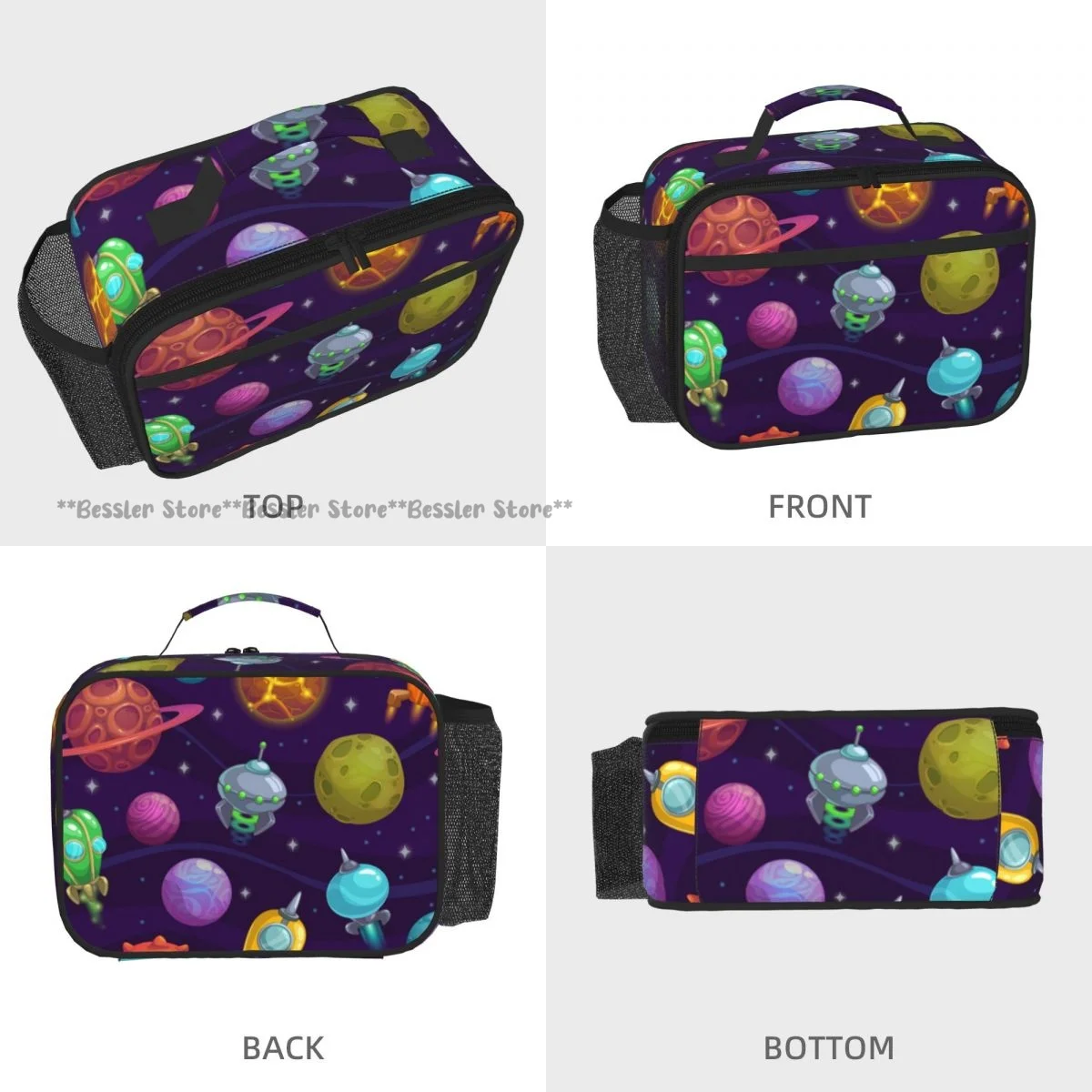 Handheld Thermal Lunch Bag Cartoon Planets And Space Ships Insulated Bento Carrier for Adults Students