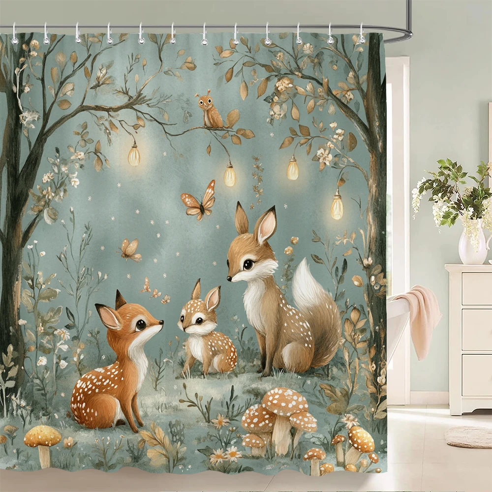 

Plants, flowers, mushroom house Fox animal printing Shower Curtain, Bathroom Decorative cartoon Shower Curtain, with Hooks