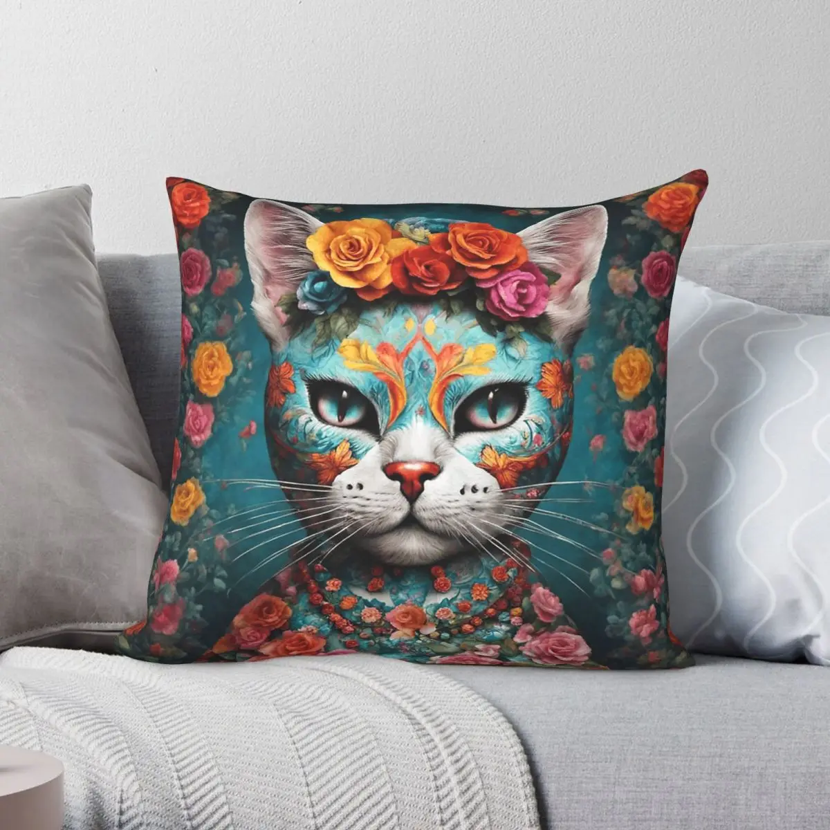 Dﾙa De Muertos Las Cat Square Pillowcase Polyester Linen Velvet Creative Zip Decorative Pillow Case Home Cushion Cover 45x45