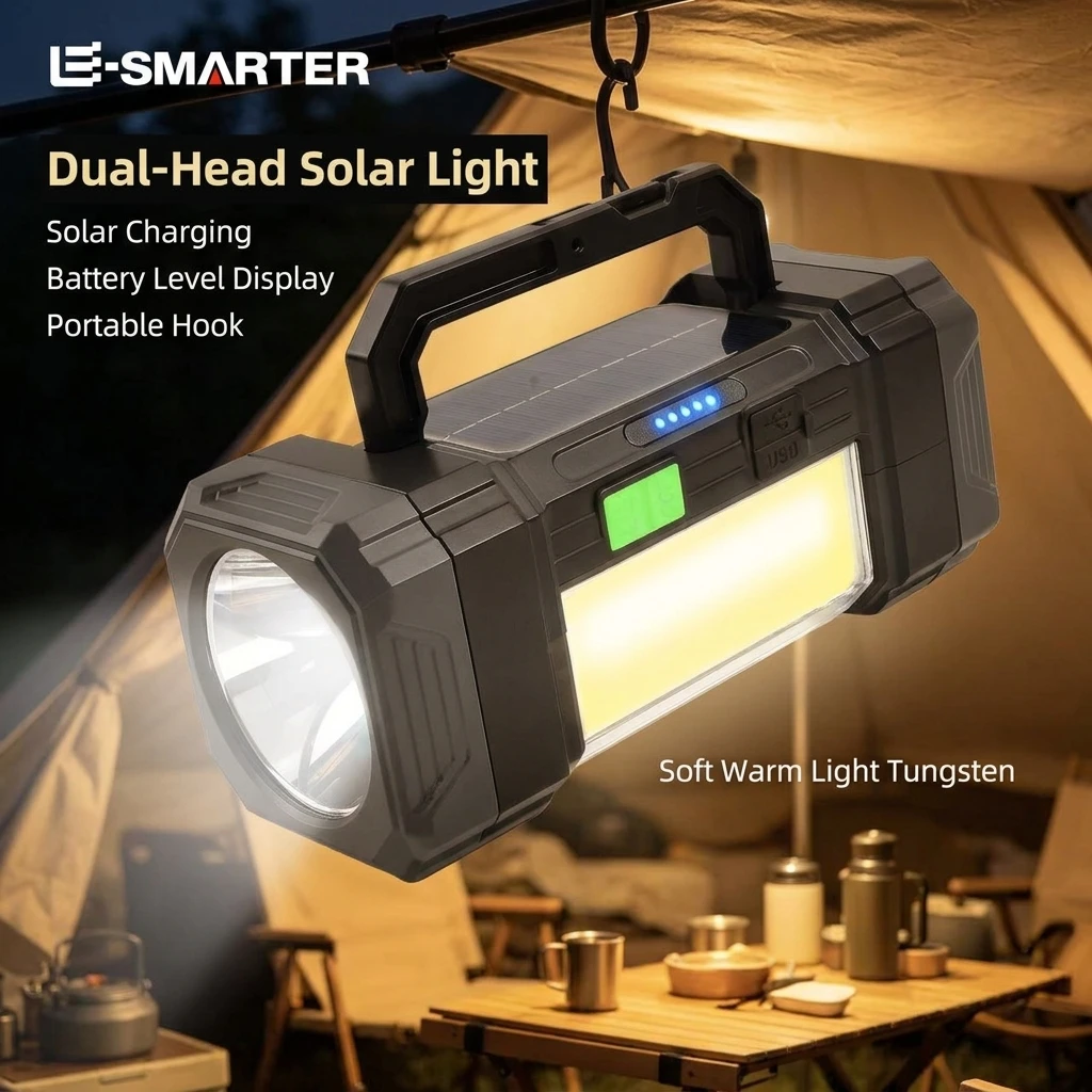 Solar Powered Flashlight Camping Light High Beam Outdoor Home Emergency Illumination Torch Patrol Rechargeable Searchlight