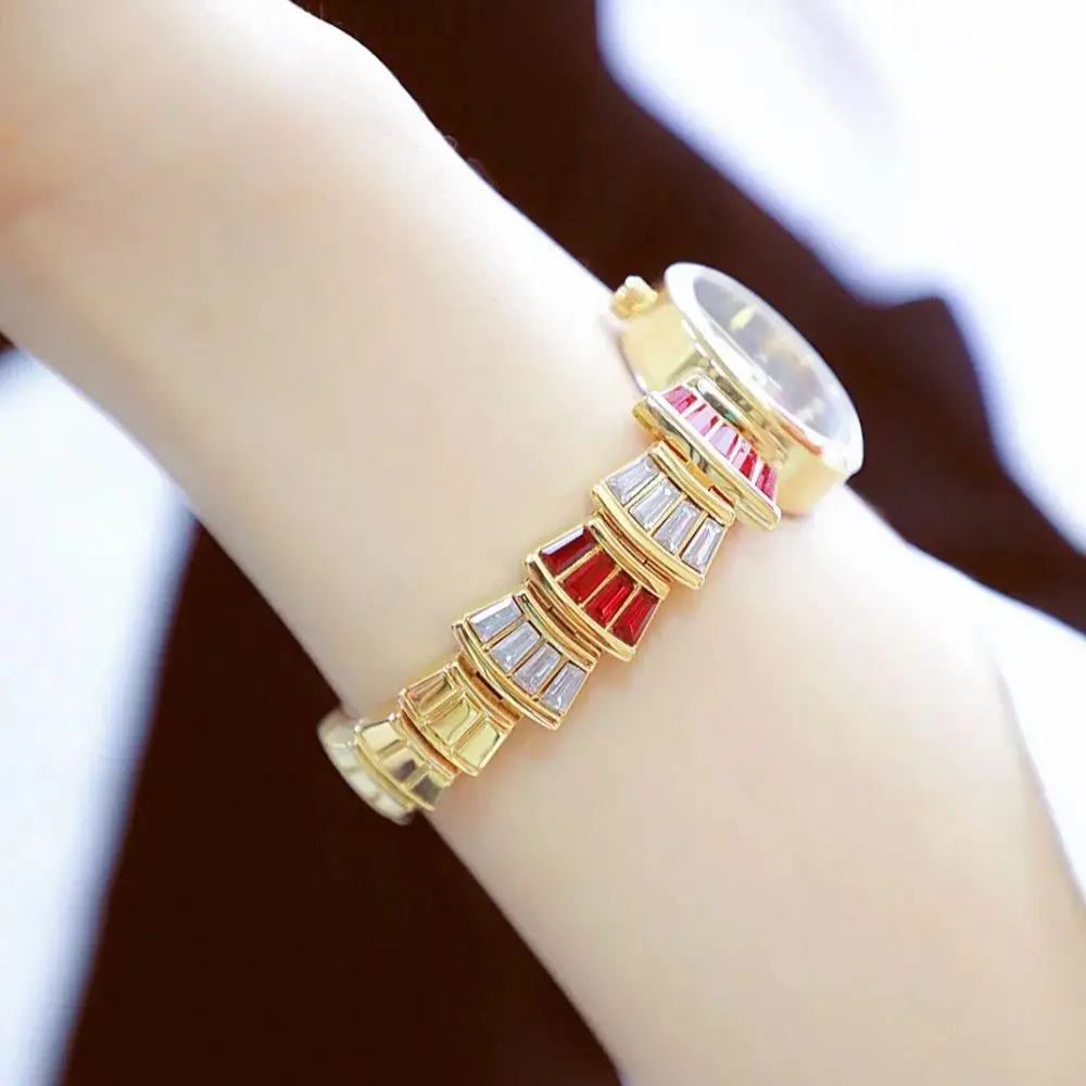 Montre élégante en diamant rouge pour femmes, marque SB bee sister, robe de luxe, montre-Bracelet à Quartz doré, Bracelet à la mode pour dames, cadeau 2025