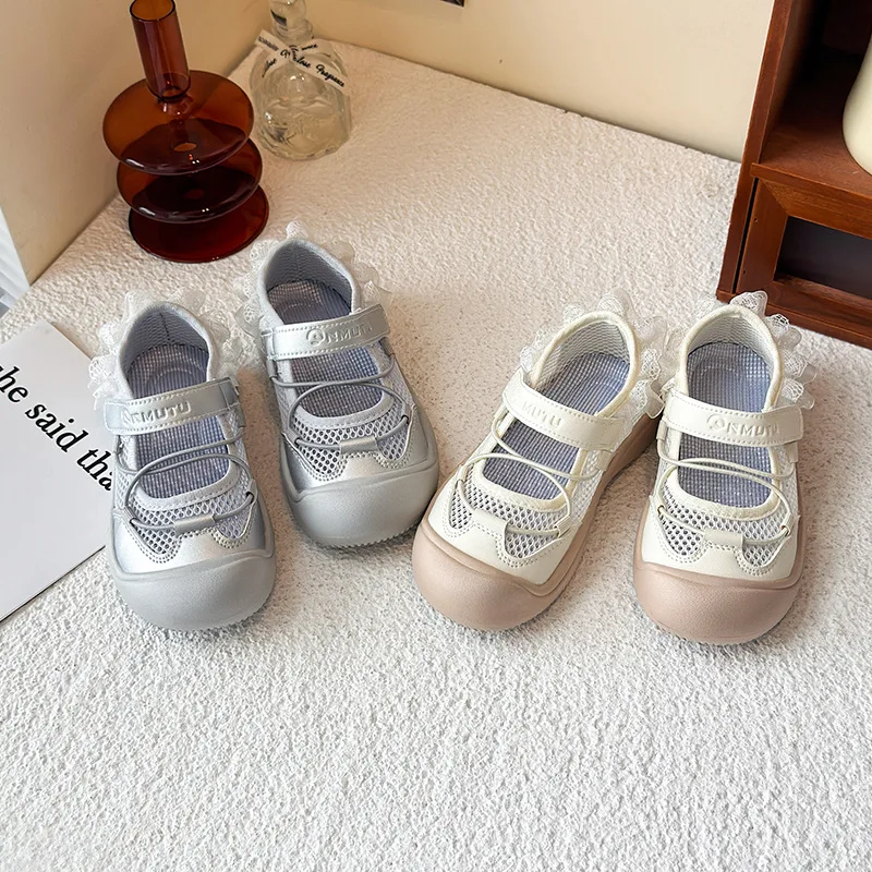 2026 new Summer Breathable Mesh Kids Casual Shoes for Girls Non-Slip Sole Toddler Beach Shoes with Lace Bordered Training Shoes