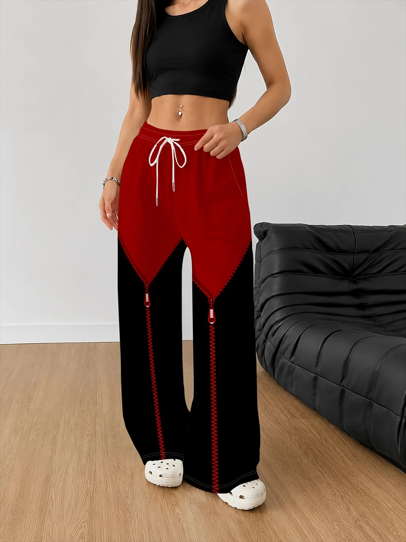 Y2K Street Style Fashionable Color Blocked Loose Wide Leg Casual Sports Pants with Zipper Print Multi-color Pants