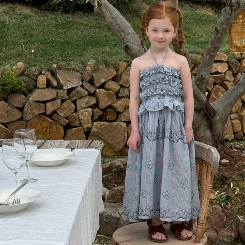 2026 Summer New Girls Retro Stripe Embroidered Strap Dress Girls Hanging Neck Dress Holiday Dress