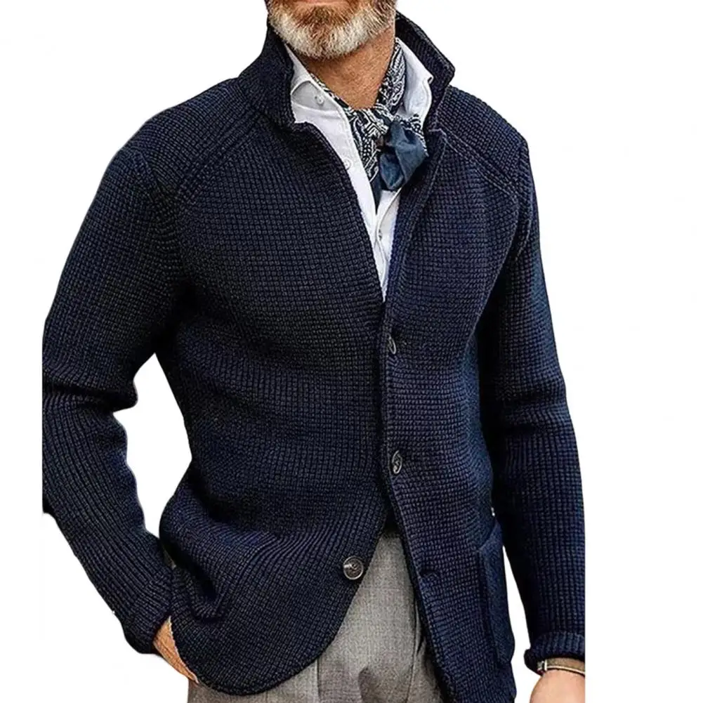 Hot ！！Men Sweater Coat Lapel Solid Color Long Sleeves Pockets Single-breasted Keep Warm Knitting Casual Thick Winter Cardigan