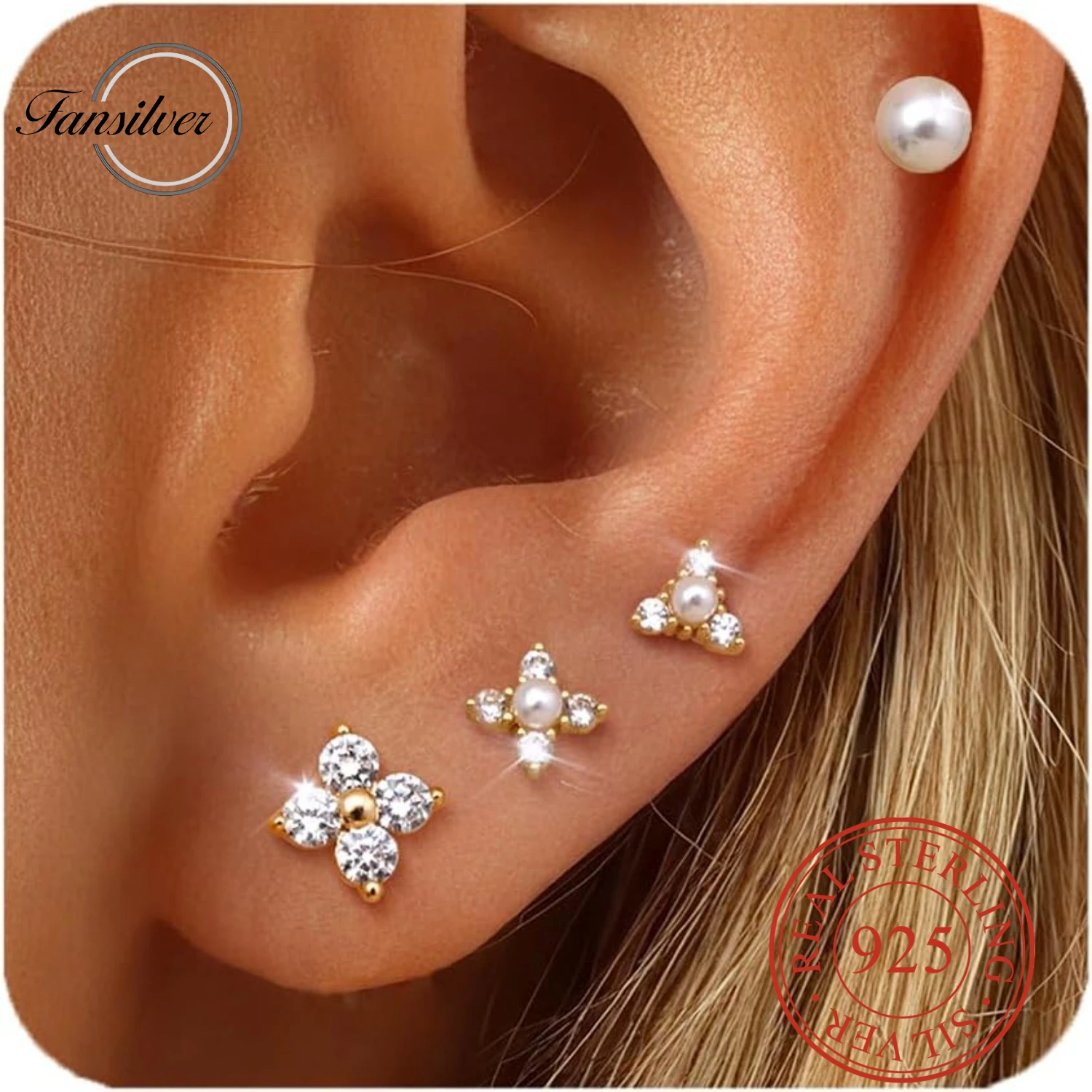 

Fansilver 925 Sterling Silver Stud Earrings for Women 14K Gold Plated Cartilage Earring Dainty Flower Stud Hoop Earring Piercing