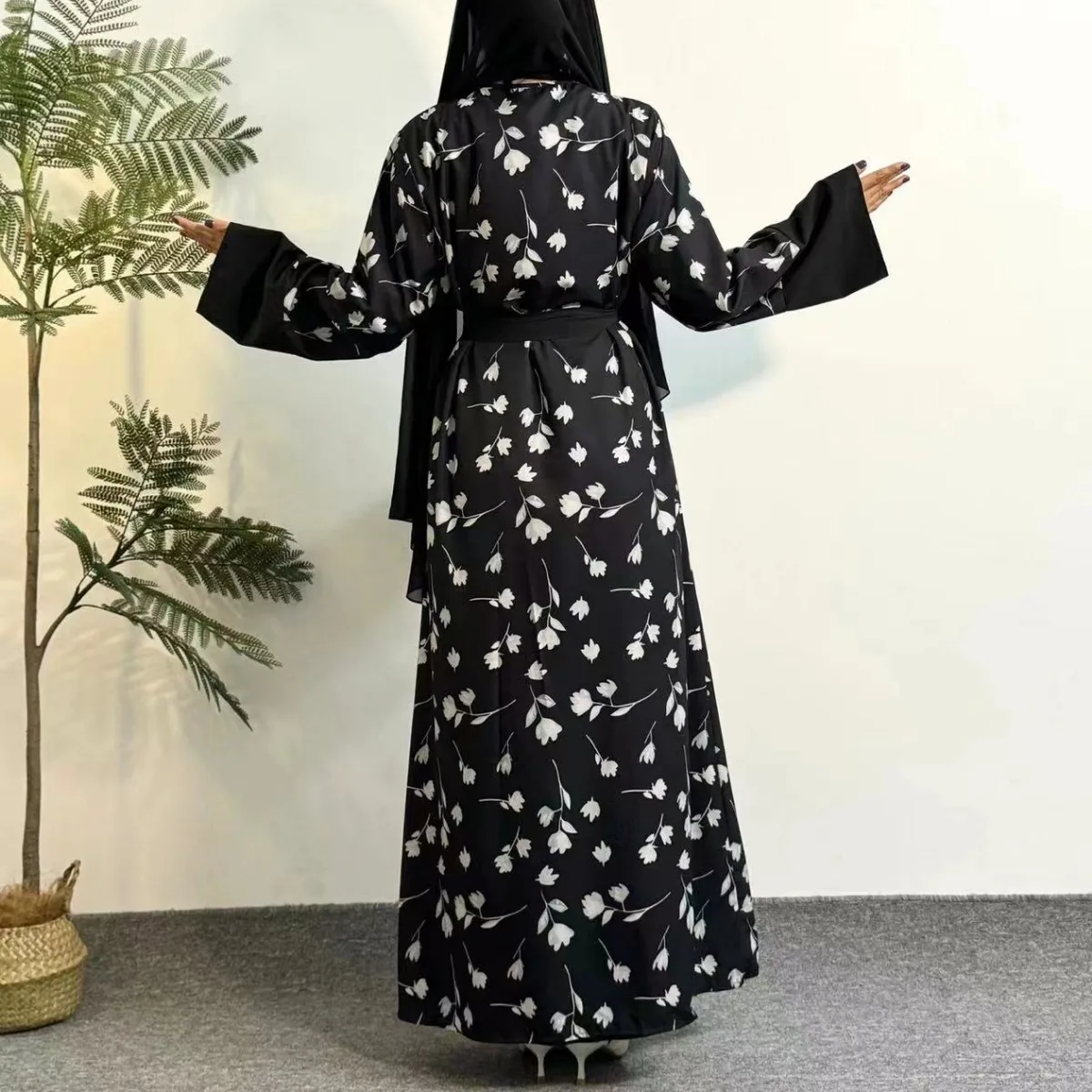 Printed Floral Open Front Abaya,Long Sleeve Maxi Length Dress With Belt Women\'s Clothing Muslim Abayas Out Kaftans Women Jilbabs