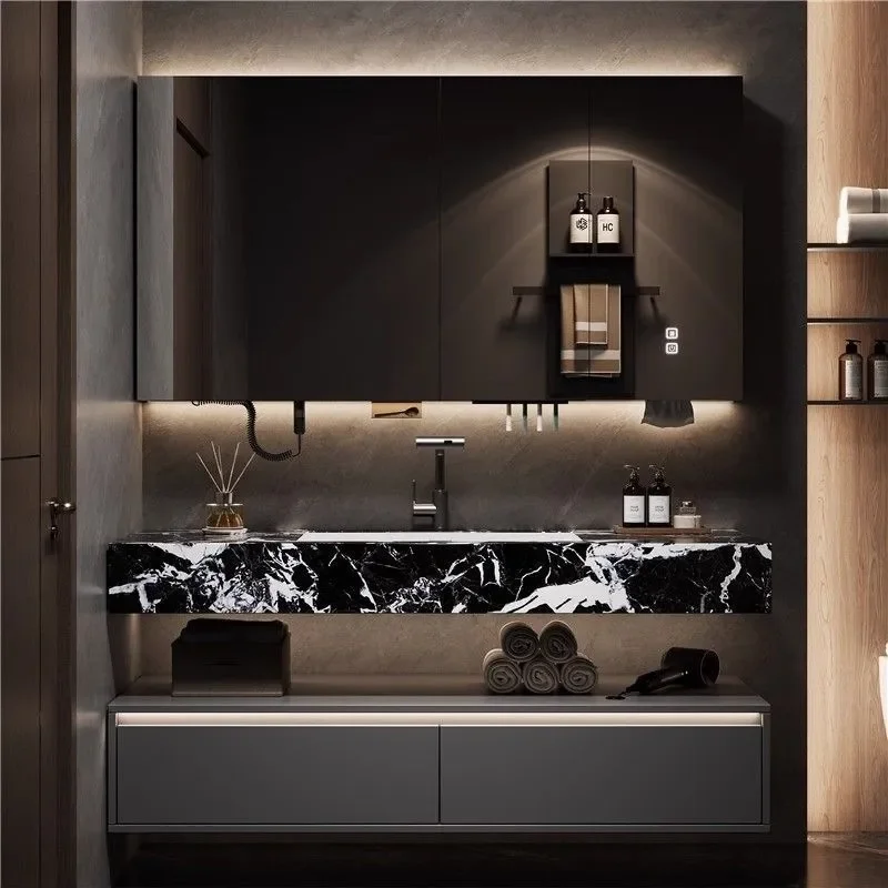 Slate Ceramic Integrated Basin Bathroom Vanity Cabinet Seamless Washstand for Hotel Modern Home Bath Storage Unit