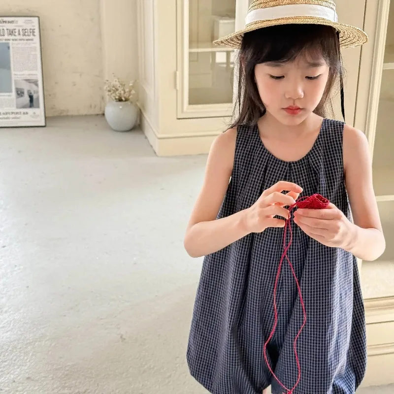 New Summer Children Plaid Lantern Jumpsuits Sleeveless Loose Korean Style Baby Girls Casual Bodysuits - view 6