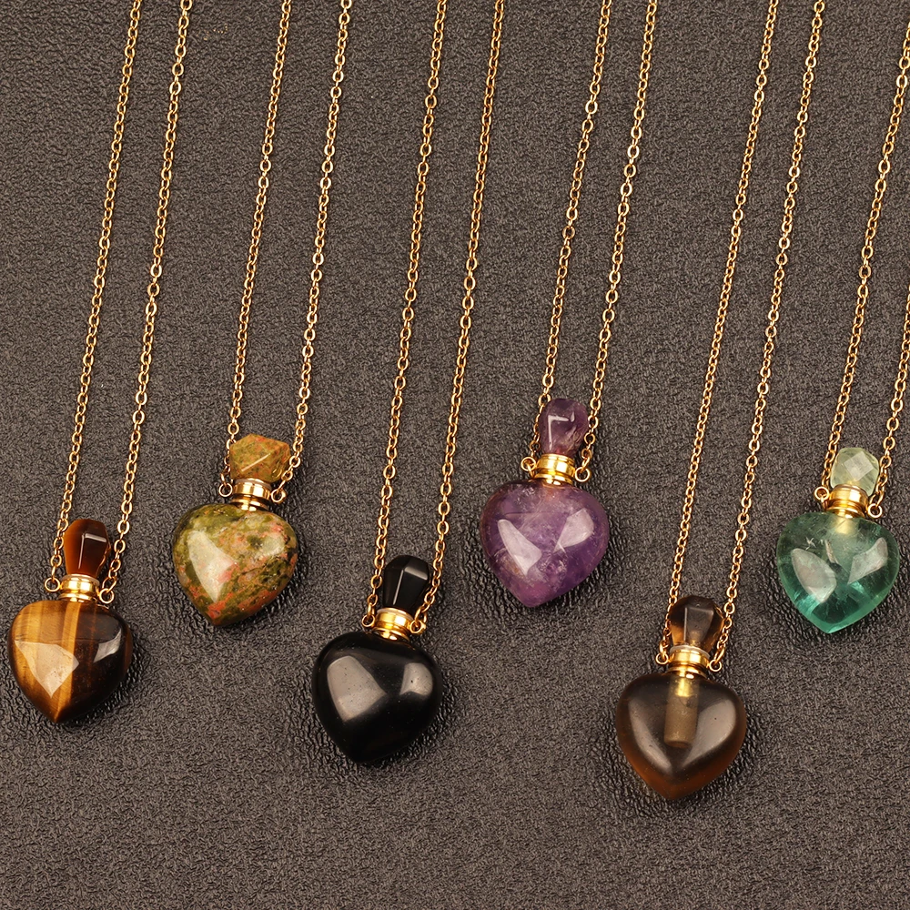 Natural Quartz Reiki Healing Heart-Shaped Essential Oil Perfume Bottle Pendant Aromatherapy Crystal Necklace