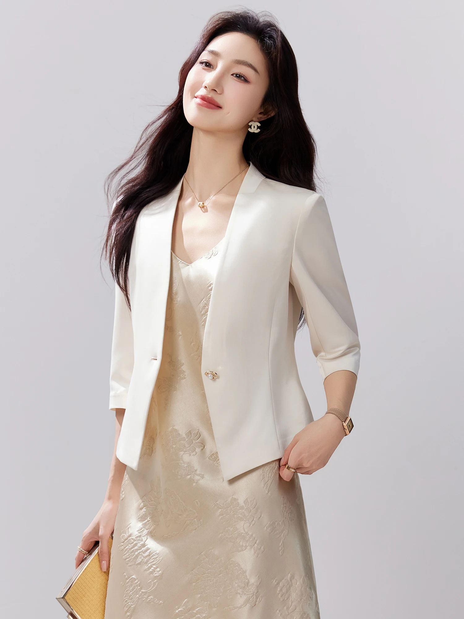 Acetate Satin Suit Jacket Women's Casual mid Sleeve Seven Sleeve No Collar West Shirt Top Slim Fit Style Breathable Spring Wear