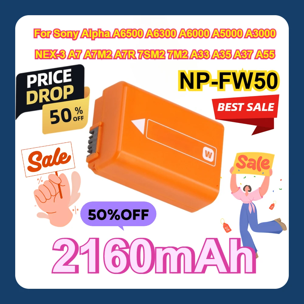 2160mAh Orange NP-FW50 NP FW50 Battery For Sony Alpha A6500 A6300 A6000 A5000 A3000 NEX-3 A7 A7M2 A7R 7SM2 7M2 A33 A35 A37 A55