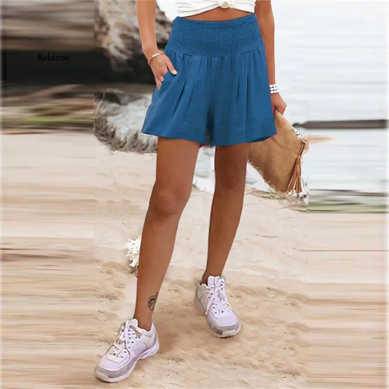 

Women Fashion Cotton Linen Casual Solid Color Elastic High Waist Beach Shorts Summer Holiday Pockets Loose Short Wide Leg Pants