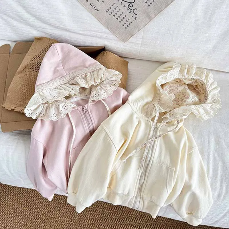 الربيع الدانتيل سترة الفتيات معطف مقنع جديد الأطفال لطيف الحلو ملابس خارجية طفل بأكمام طويلة سستة رداء علوي غير رسمي الخريف موضة الملابس