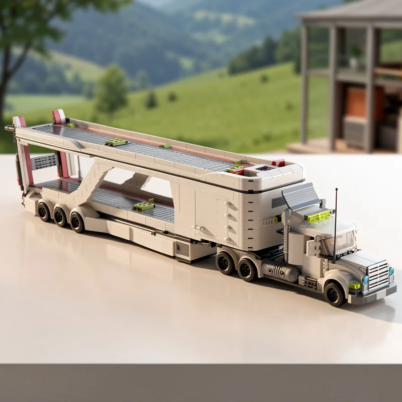 MOC Drilling Rig Transport Truck Building Blocks Set, 8-Stud Heavy Duty Car Carrier Trailer, DIY Construction Model Toy