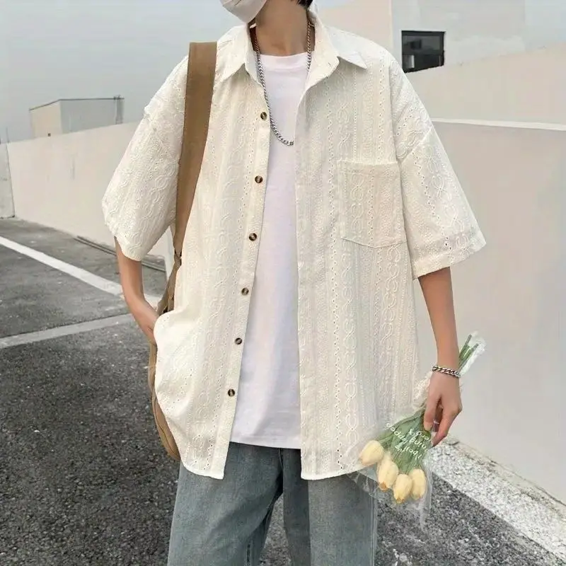 Summer New Men's Polo-Neck Button Pockets Hollow Out Spliced Casual Fashion Loose All-match Short Sleeve Jacquard Shirt Tops