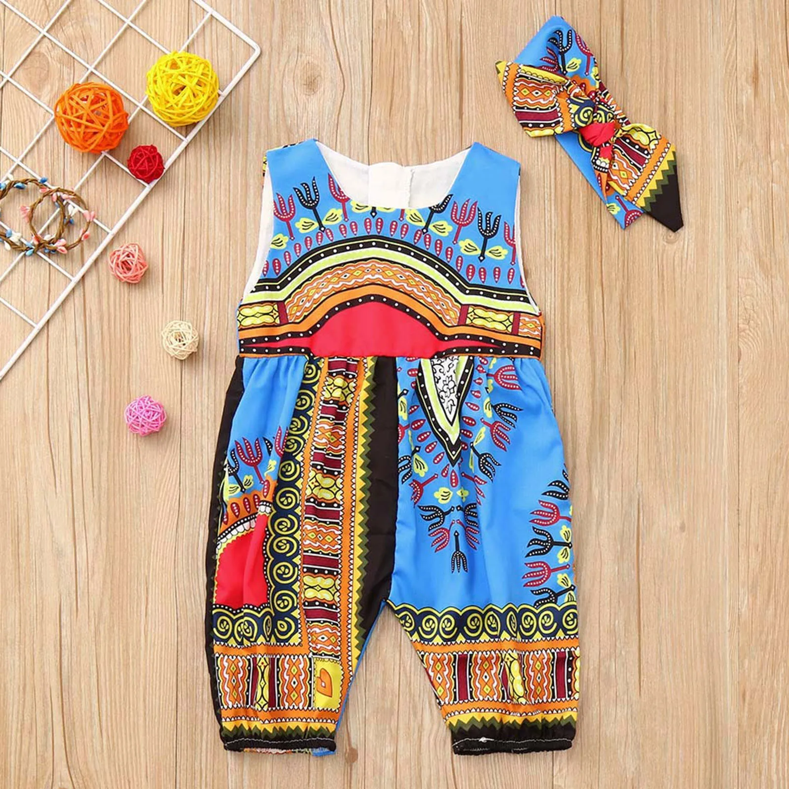 Fashion Sleeveless Romper Headband Outfit Bodysuit Summer African Print Jumpsuit Toddler Kids Baby Girls Traditional Playsuits