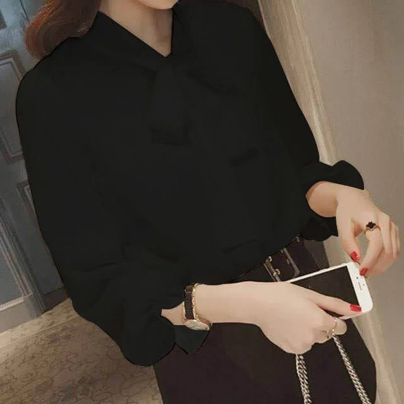 Elegant Bow Petal Sleeve Chiffon Shirts 2023 Spring New Fashion Office Lady Solid V-Neck Loose Oversized Pullovers Blouse Female