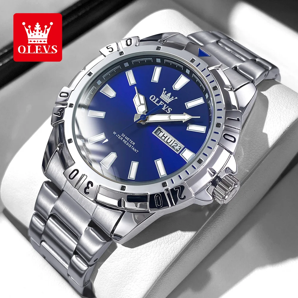 OLEVS NEW Original Diving Series Men's Watches Stainless Steel Wristwatch Blue Luminous Cool Quartz Watch for Men Top Brand