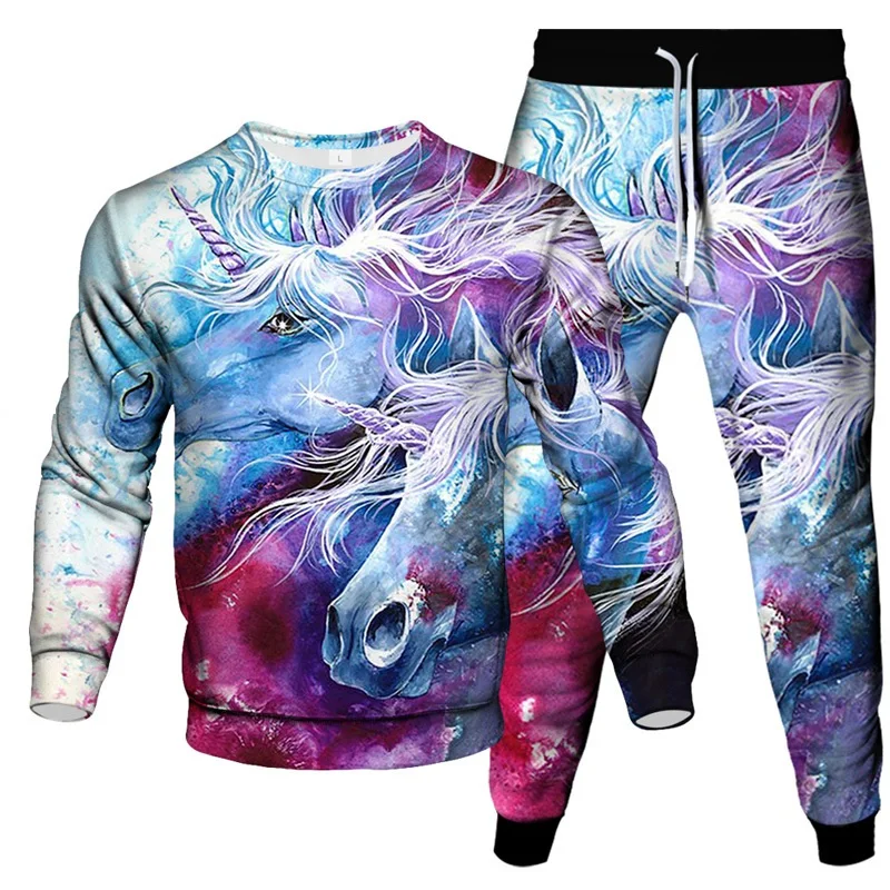 Unicorn Animal Horse Sloth Deer Cat Printed Men Clothes Set Jogging Pants Sweatshirt 2Piece Tracksuit Male Sportswear Suit