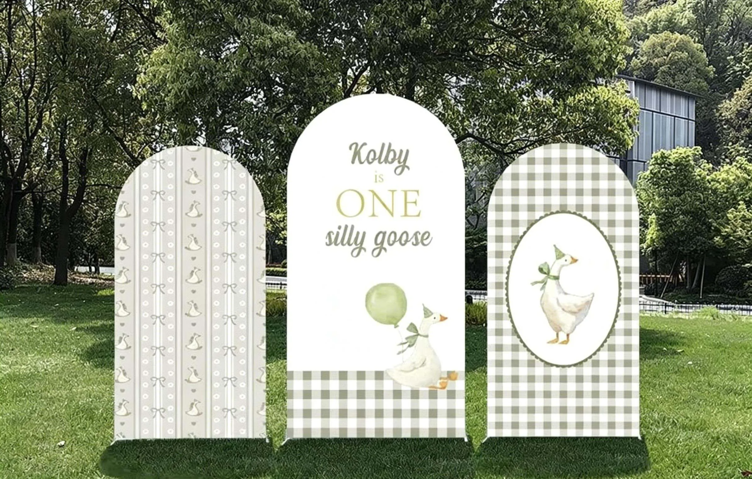 Custom 2-Side Silly Goose Baby Shower Arch Backdrop Cover Flowers Bow Balloon Green Squares  Birthday Party Decor Backdrop Photo