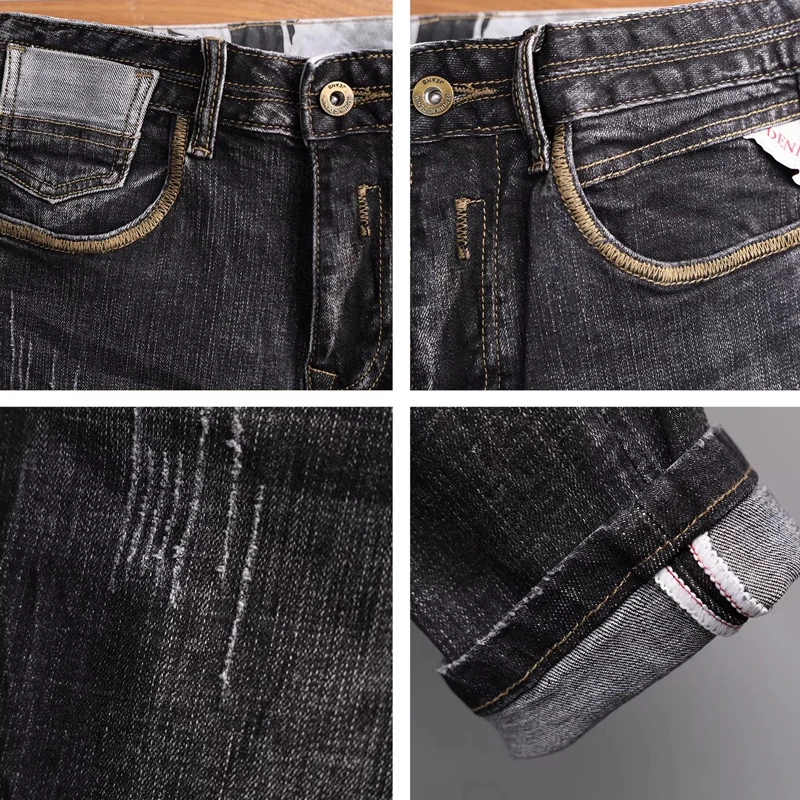 

Italian style denim jeans, washed, nostalgic, perforated patch, slim fit, elastic, black gray, designer pants, hombre