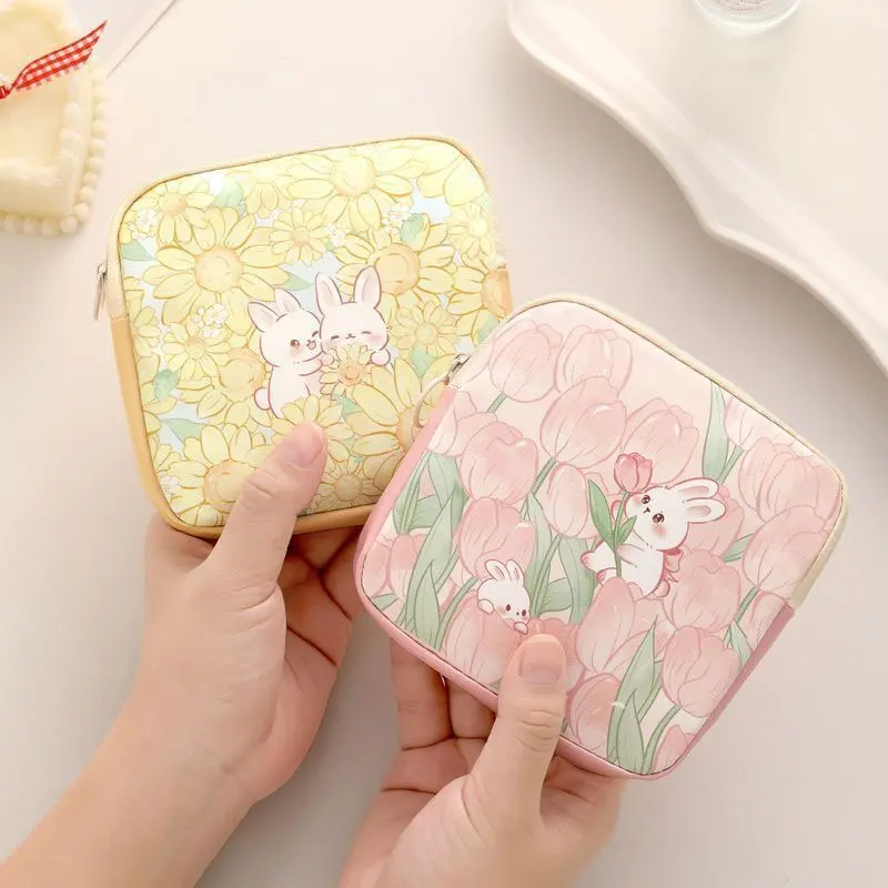 Cute Cartoon Oil Painting Portable Coin Purse, Earphone Data Cable Storage Pouch, Lipstick Bag, Large Capacity Portable Menstrual Bag