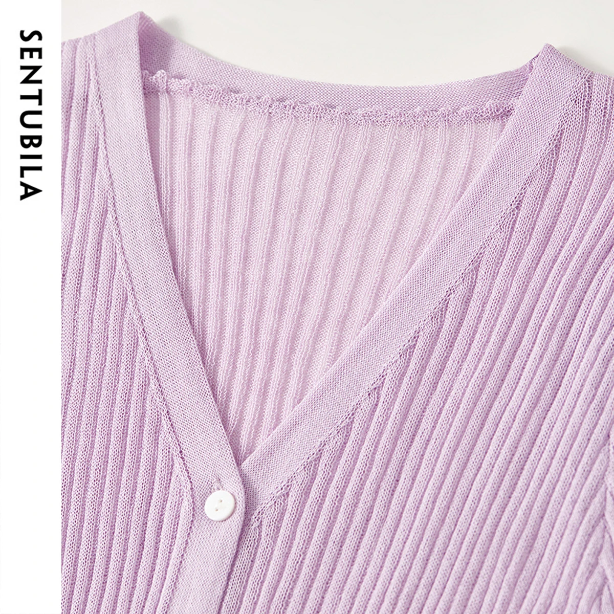 SENTUBILA 슬림 핏 니트 가디건 여성 2025 봄 가을 출퇴근용 브이넥 긴팔 스플라이스 버튼 아우터웨어 탑스 W51H58624