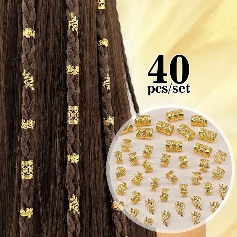 

40Pcs Gold Silver Flower Hair Cuffs Sweet Spring Summer Style Delicate Dreadlock Rings for Braids Party Festival Daily Best Gift