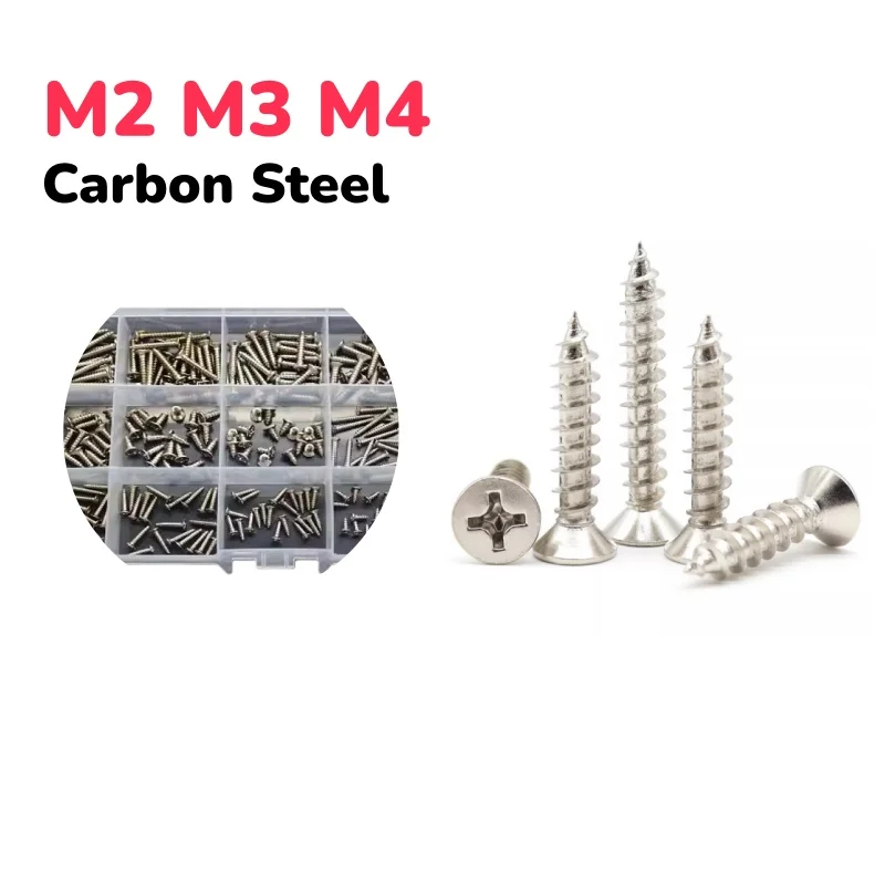M2 M3 M4 Carbon Steel Nickel Plated Self Tapping Wood Screw Assortment Phillips Flat head Thread Nail Screw Fastener Sets