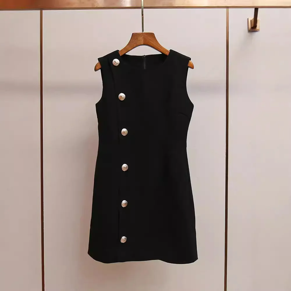 

MaSande High-End Women's Hepburn Sle Metal Side Button round Ne Waist-Cinching Svel Vest Dr Commute Sle High W...