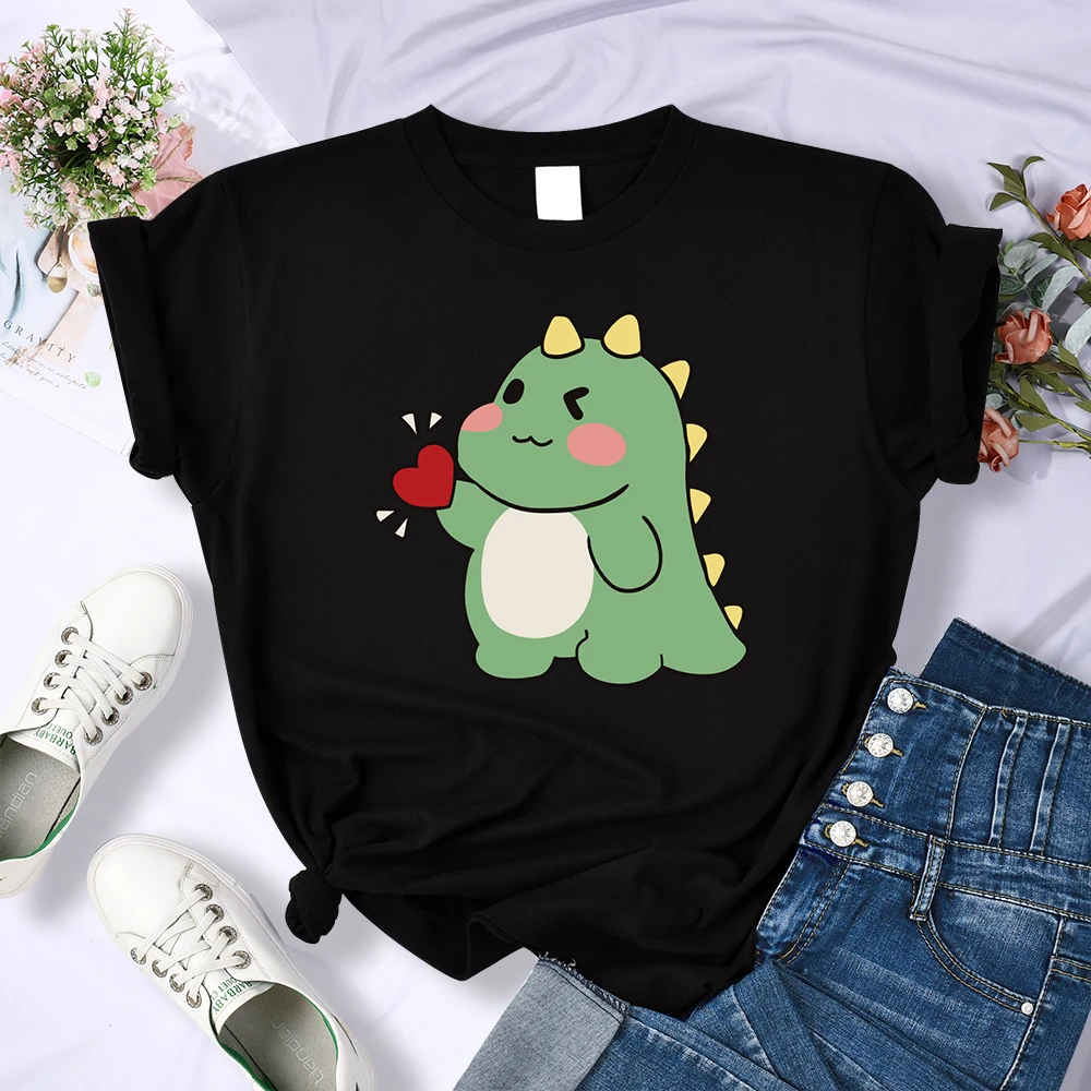 Cute Little Dinosaur Confesses Love Printing Tops Womens Soft Street T-Shirts Sport Hip Hop Tees Clothing Casual Short Sleeve