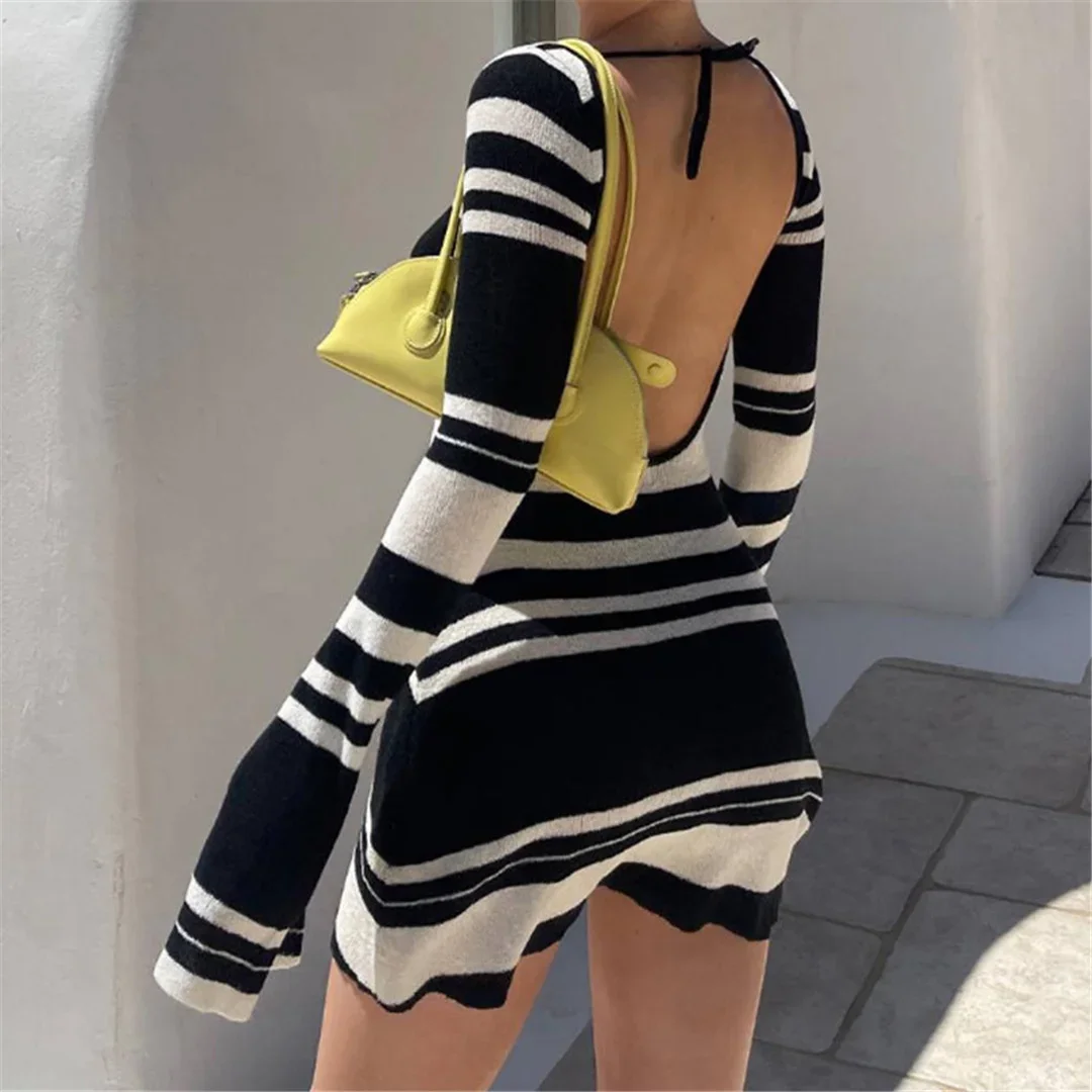 Striped Backless Long Sleeve Crochet Knitted Tunic Beach Cover Up Cover-ups Beach Dress Beach Wear Beachwear Female Women V6037