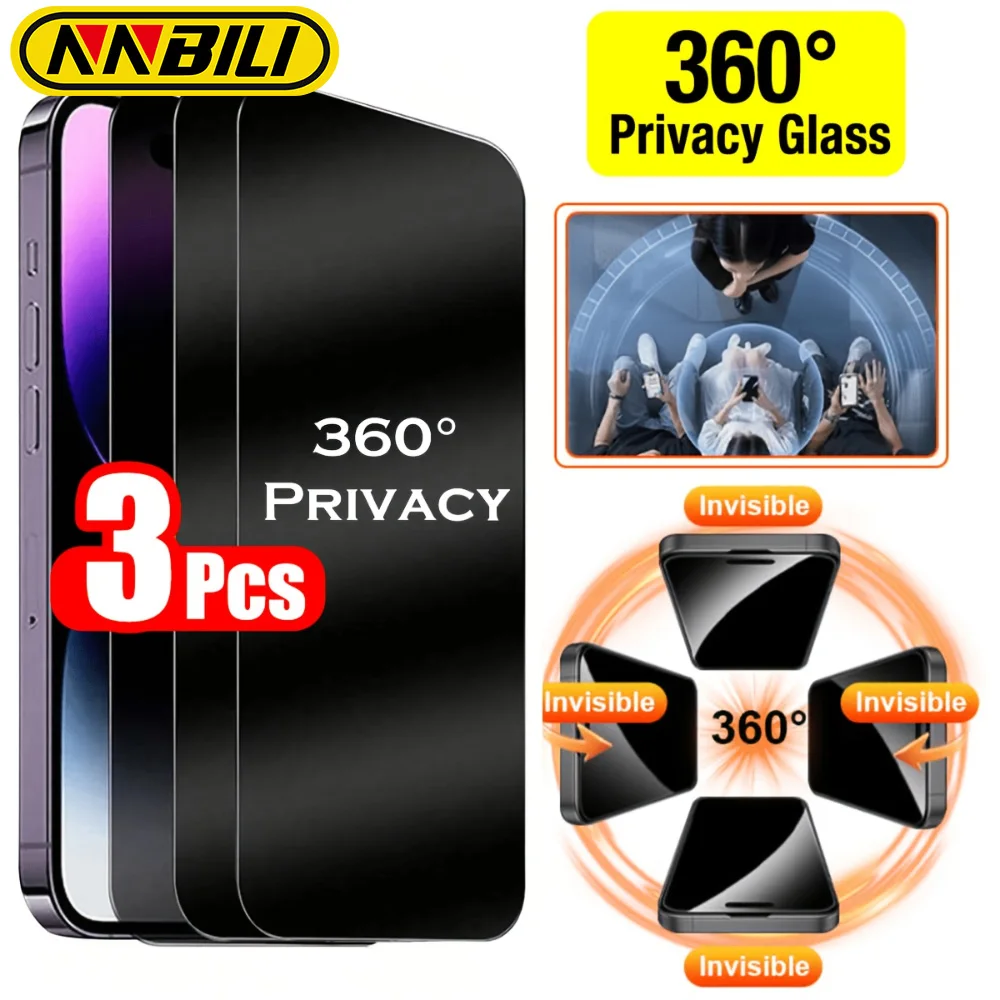 NNBILI 3er-Set 4-Wege 360-Grad Blickschutzfolie für iPhone 17 Pro Max – Vollständige Abdeckung, kratzfest, gehärtetes Glas