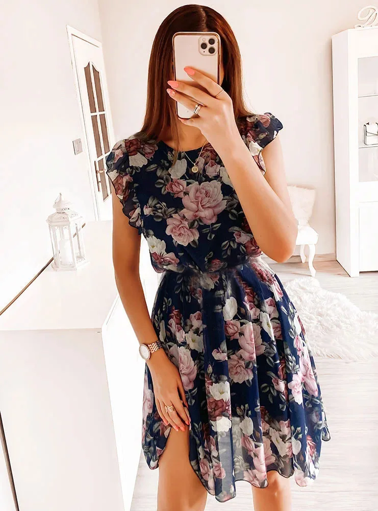 

New Summer Women's Daily Leisure Vacation Style Chiffon Printed High Waist Round Neck Lotus Leaf Sleeve Large Skirt Dress