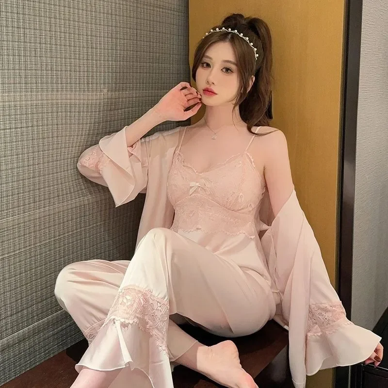 Ice Silk Suspenders Long Sleeve Pants Thin Sweet Explosive High-grade Suit Three-piece Pajamas with Chest Pad Women Fall