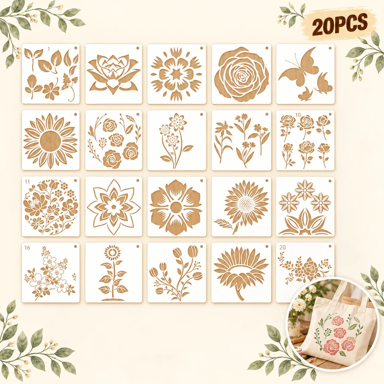 20Pcs Floral Painting Stencils Reusable PET Flower Stencils for Painting Craft Templates Wall Wood Fabric Canvas DIY Decor