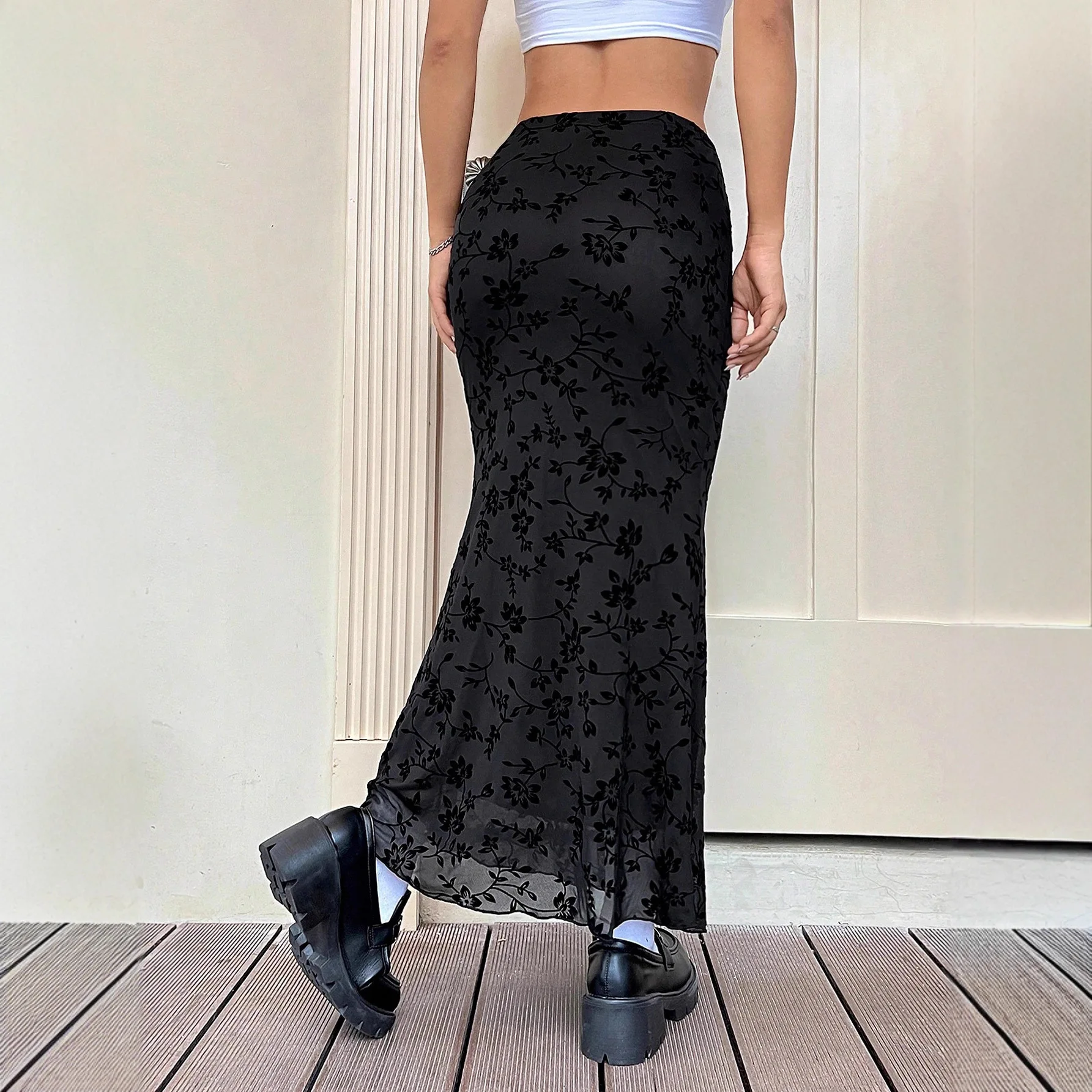 Jesień 2025 Nowa Ciemnozielona Kwiatowa Spódnica Syrenka do Połowy Ciała Codzienna Uniwersalna Wyszczuplająca Elegancka Odzież Damska Cw90225