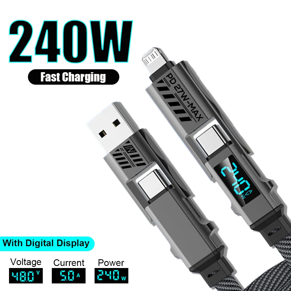 Cabo USB C 4 em 1 de 240W com Display Digital, Cabo de Carregamento Múltiplo 3A USB A para Tipo C/Lightning para iPhone 17 16 iPad Samsung