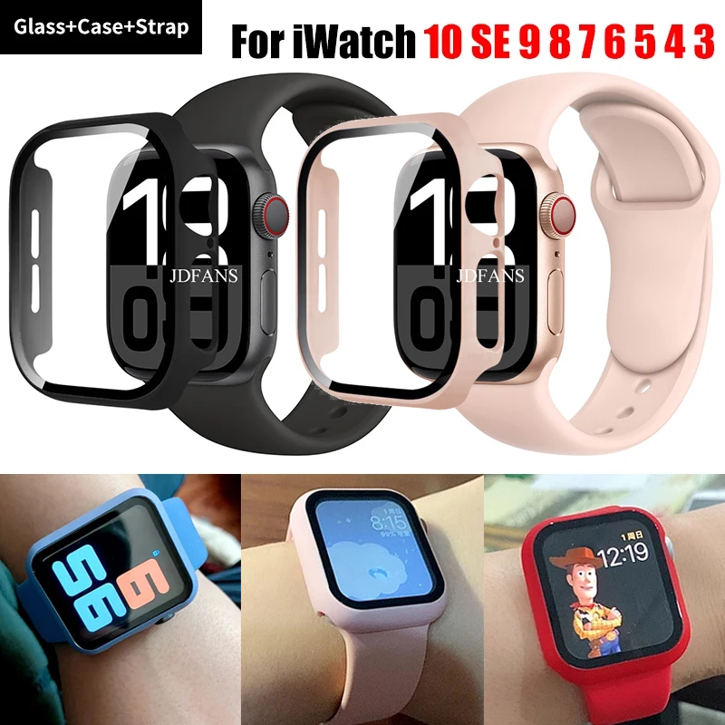 Glass+Case+Strap for Apple Watch Band 46mm 44mm 41mm40mm 38mm 45mm 42mm Screen Protectors for Apple IWatch Series 10 9 8 7 6 5 4