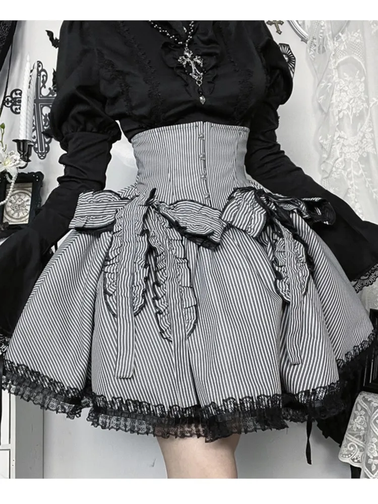 

Готическая милая женская плиссированная юбка, модная полосатая мини-шикарная юбка с высокой талией, кавайная летняя повседневная женская полосатая плиссированная юбка