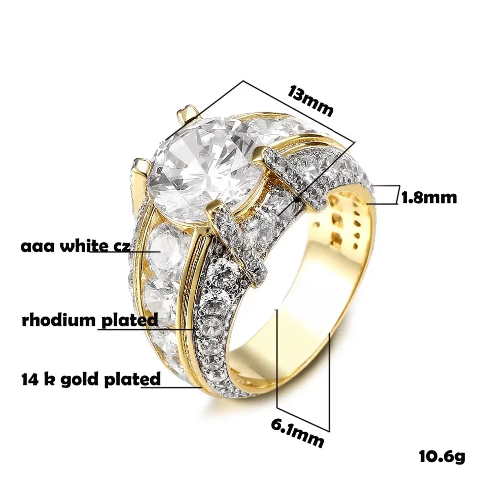 VANAXIN Iced Out Ring Women 14K Gold Plated Four Claw Men's High-quality  Cubic Zirconia Luxury Fashion Simple Jewelry