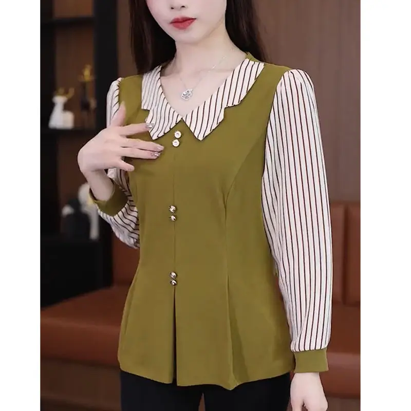 Women Korean Fashion Striped Patchwork Blouse Elegant Long Sleeve Slim Shirt Spring Autumn Casual Commute Tops Blusas Para Mujer